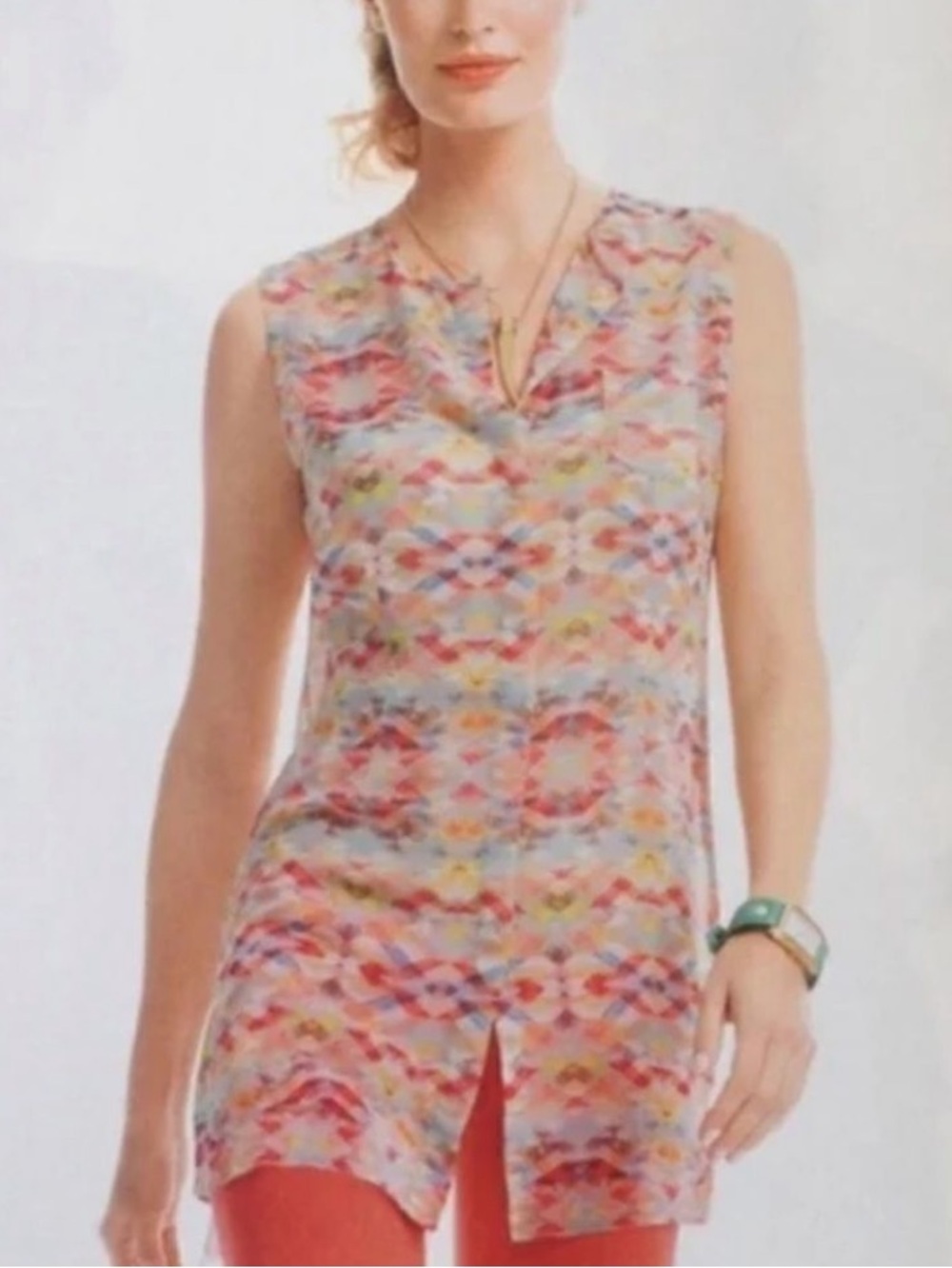 Cabi Avery multi colored sleeveless Aztec sheer, lightweight tunic blouse